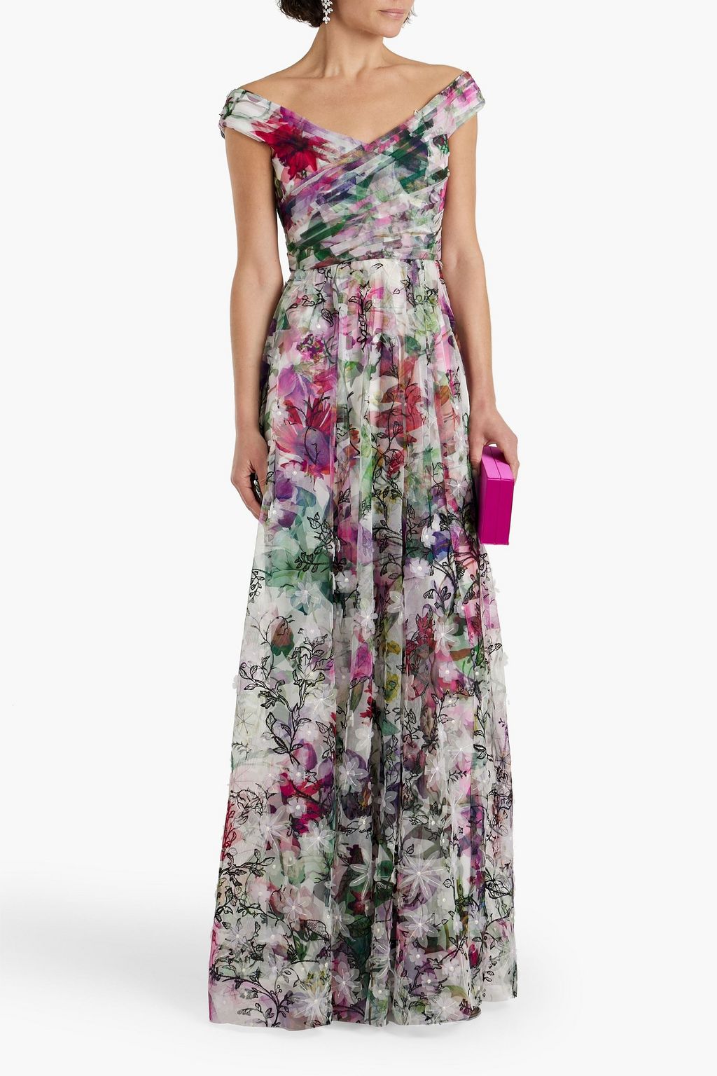 MARCHESA NOTTE Off-the-shoulder pintucked floral-print tulle gown