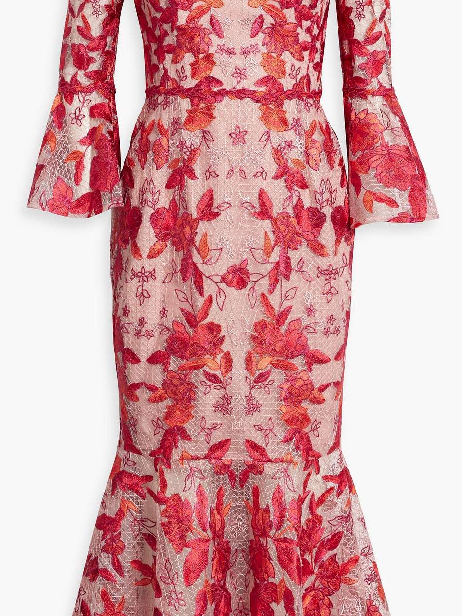 off-the-shoulder fluted embroidered tulle midi dress