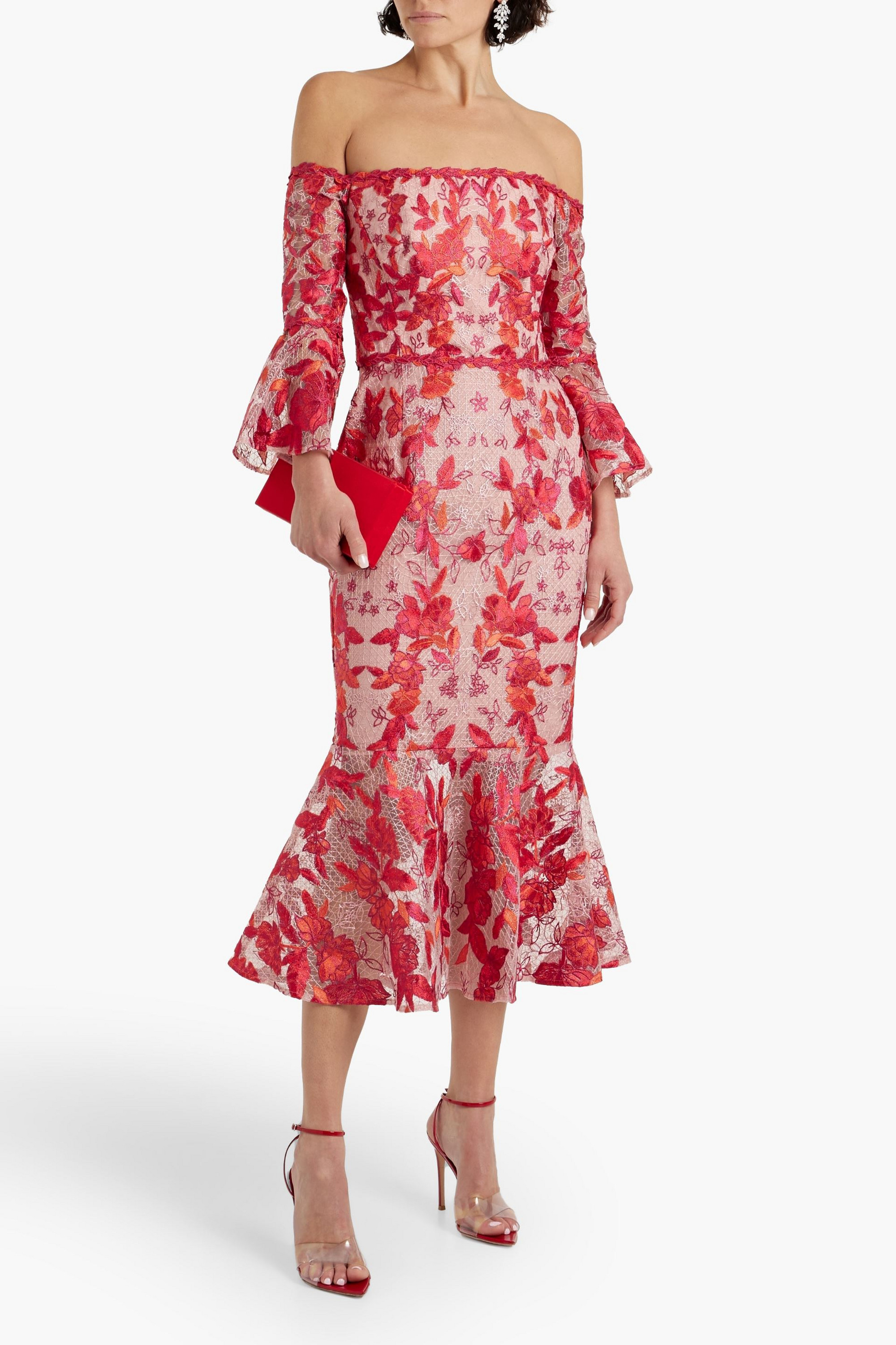 MARCHESA NOTTE Off-the-shoulder fluted embroidered tulle midi dress