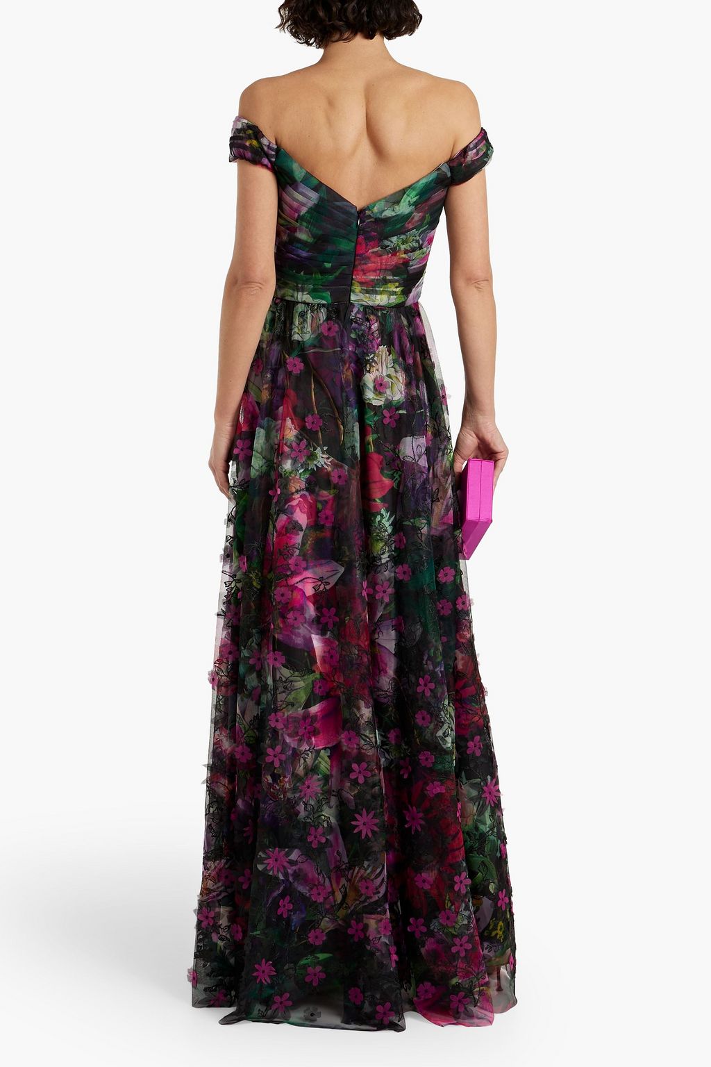 MARCHESA NOTTE Off-the-shoulder floral-print embroidered tulle gown ...