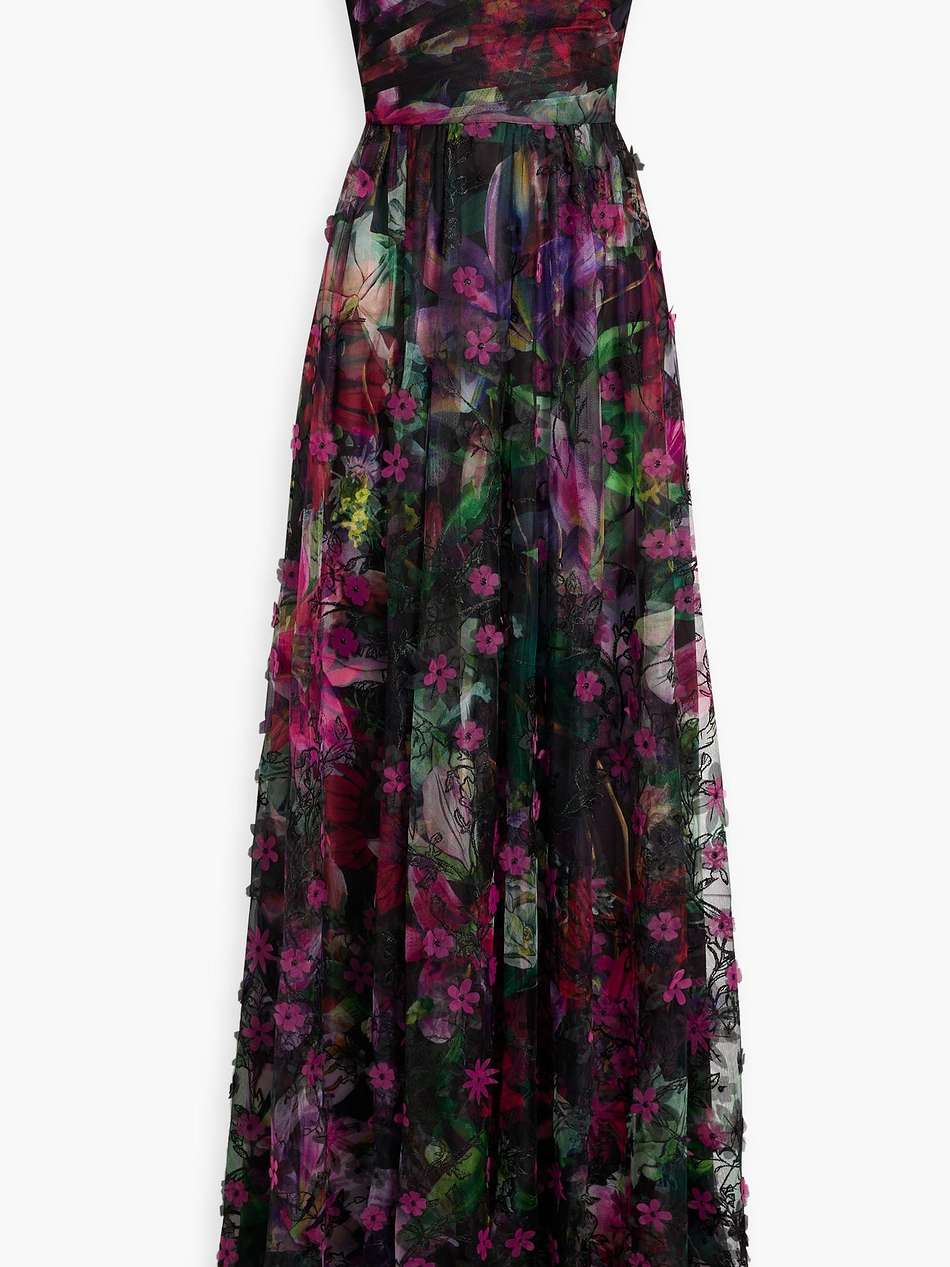off-the-shoulder floral-print embroidered tulle gown