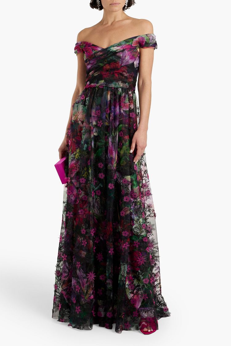 MARCHESA NOTTE Offtheshoulder floralprint embroidered tulle gown