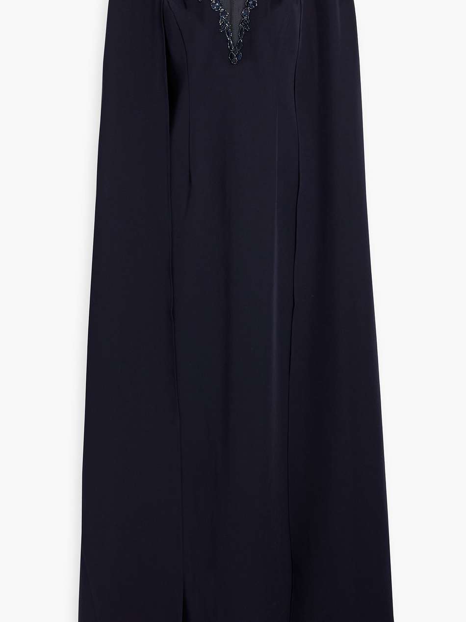 cape-effect embellished tulle-trimmed crepe gown