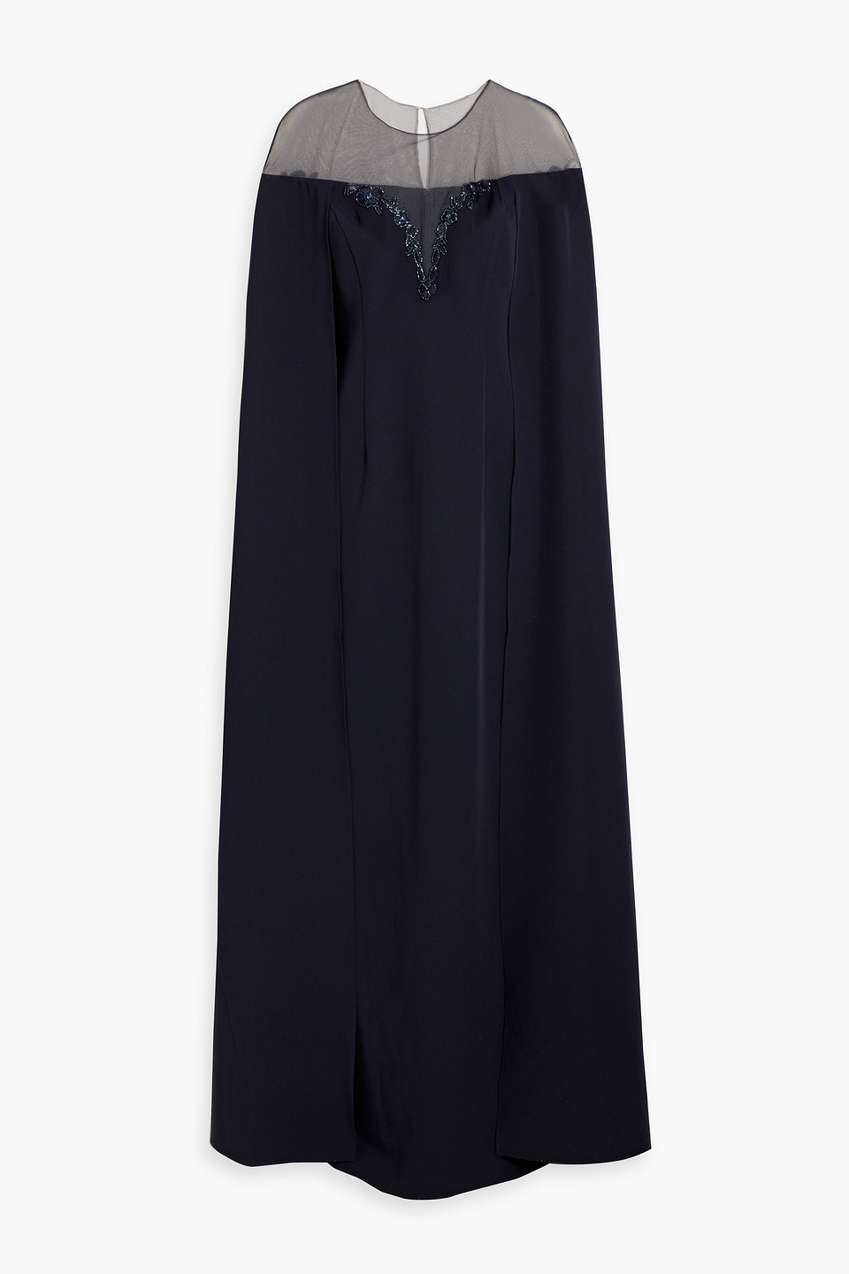 Shop Marchesa Notte Cape-effect Embellished Tulle-trimmed Crepe Gown In Navy