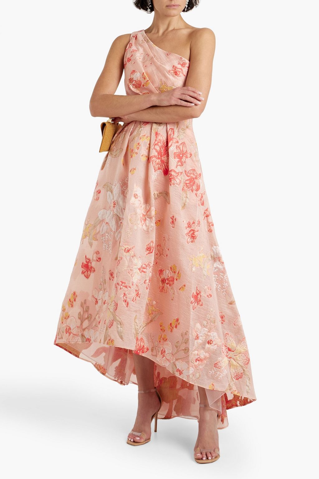 MARCHESA NOTTE One-shoulder pleated brocade gown