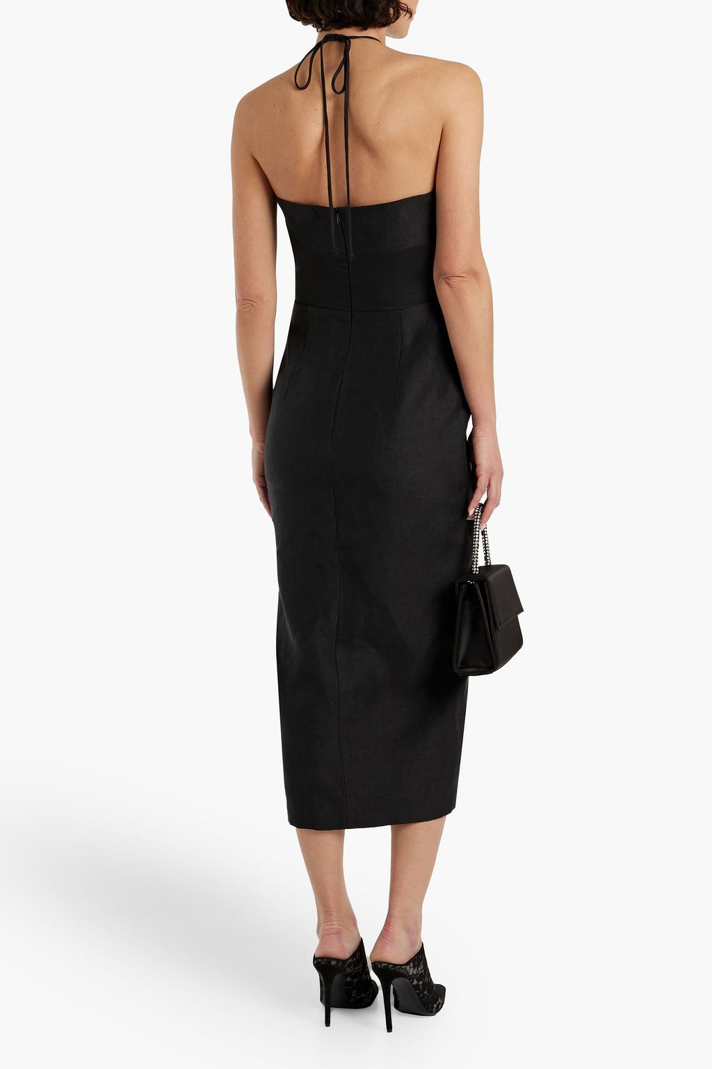 RASARIO Lace-paneled embellished linen-blend halterneck midi dress