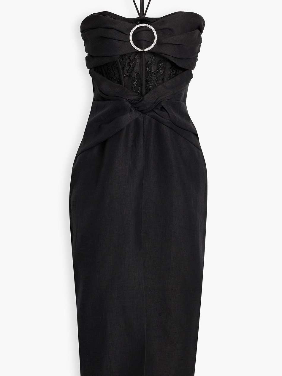 lace-paneled embellished linen-blend halterneck midi dress