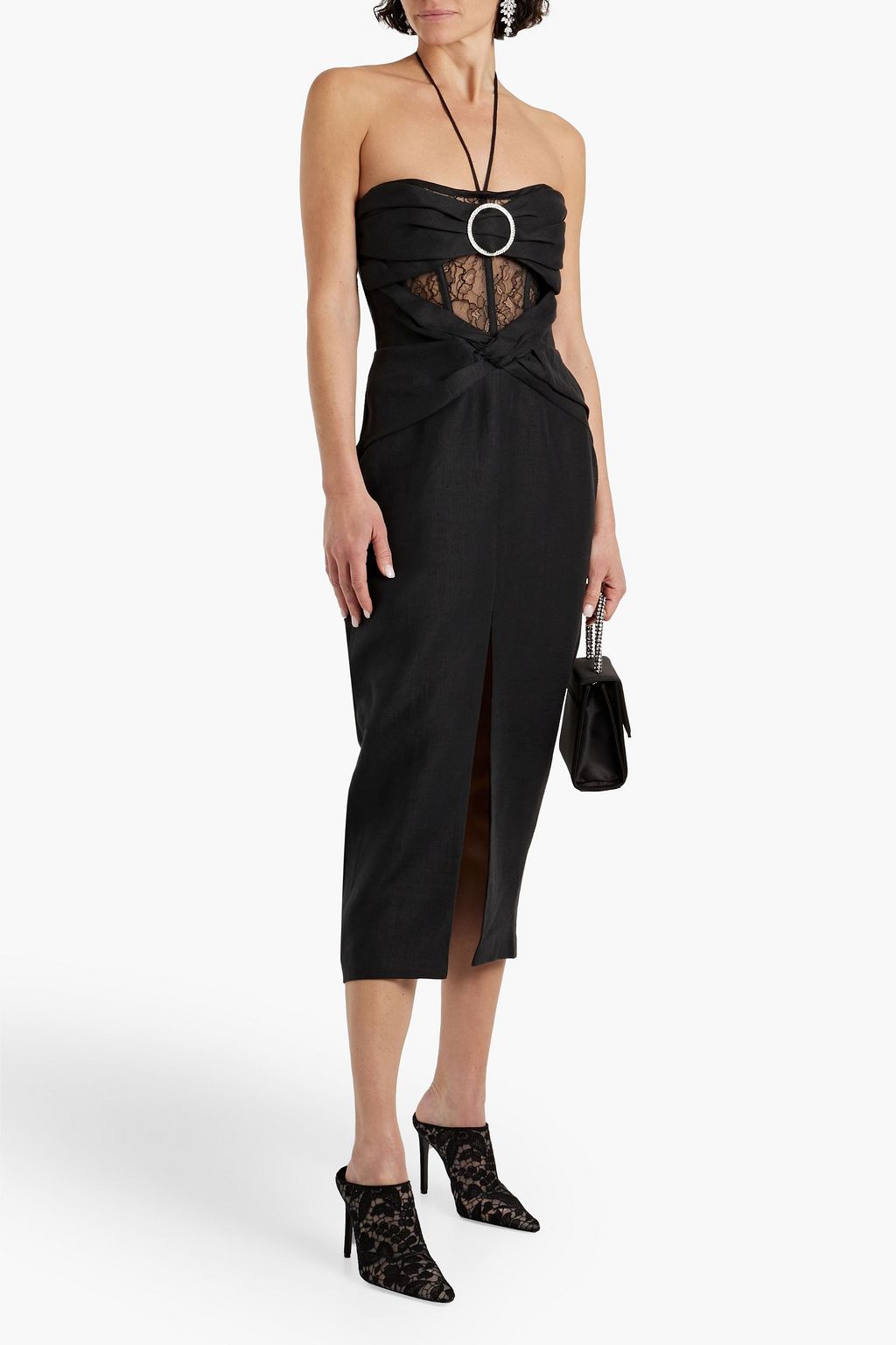 RASARIO Lace-paneled embellished linen-blend halterneck midi dress