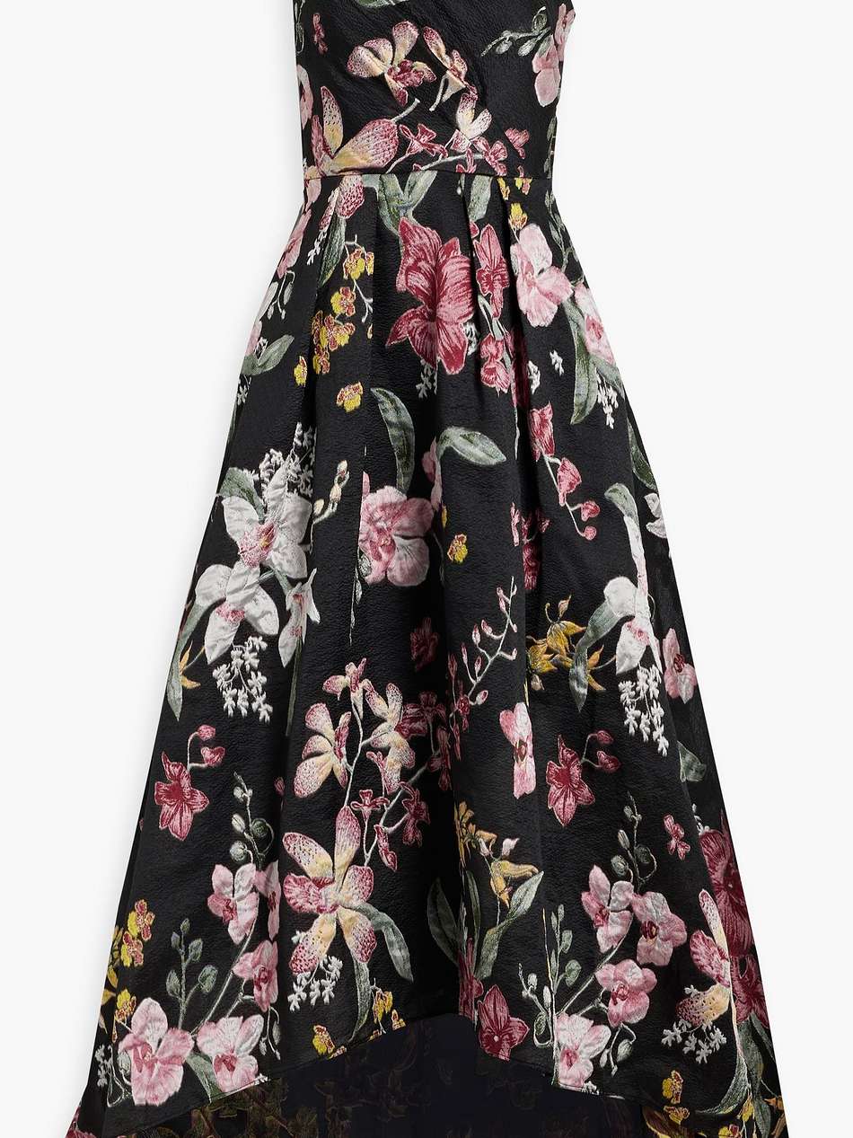 one-shoulder pleated brocade gown