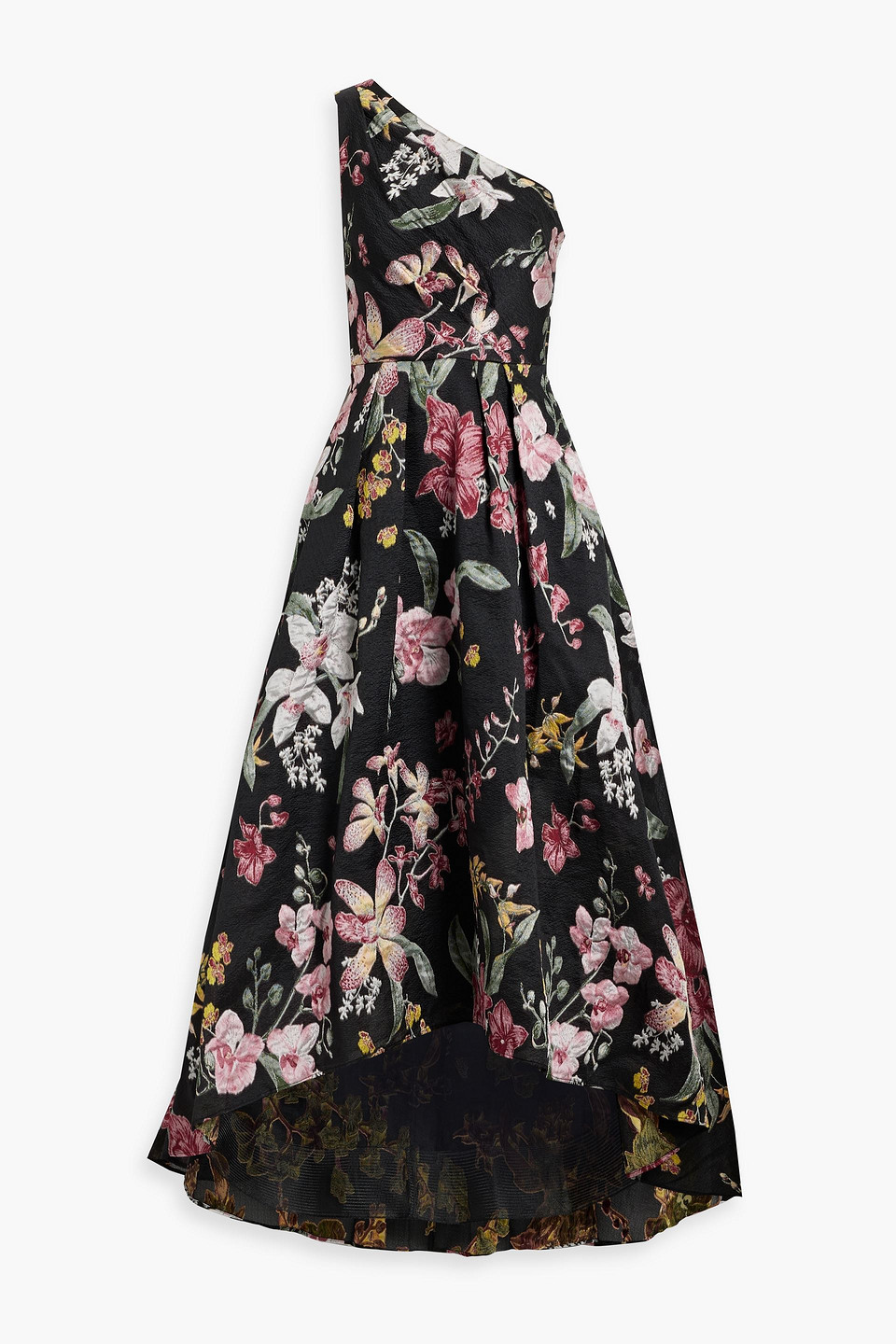 Shop Marchesa Notte One-shoulder Pleated Brocade Gown In Black