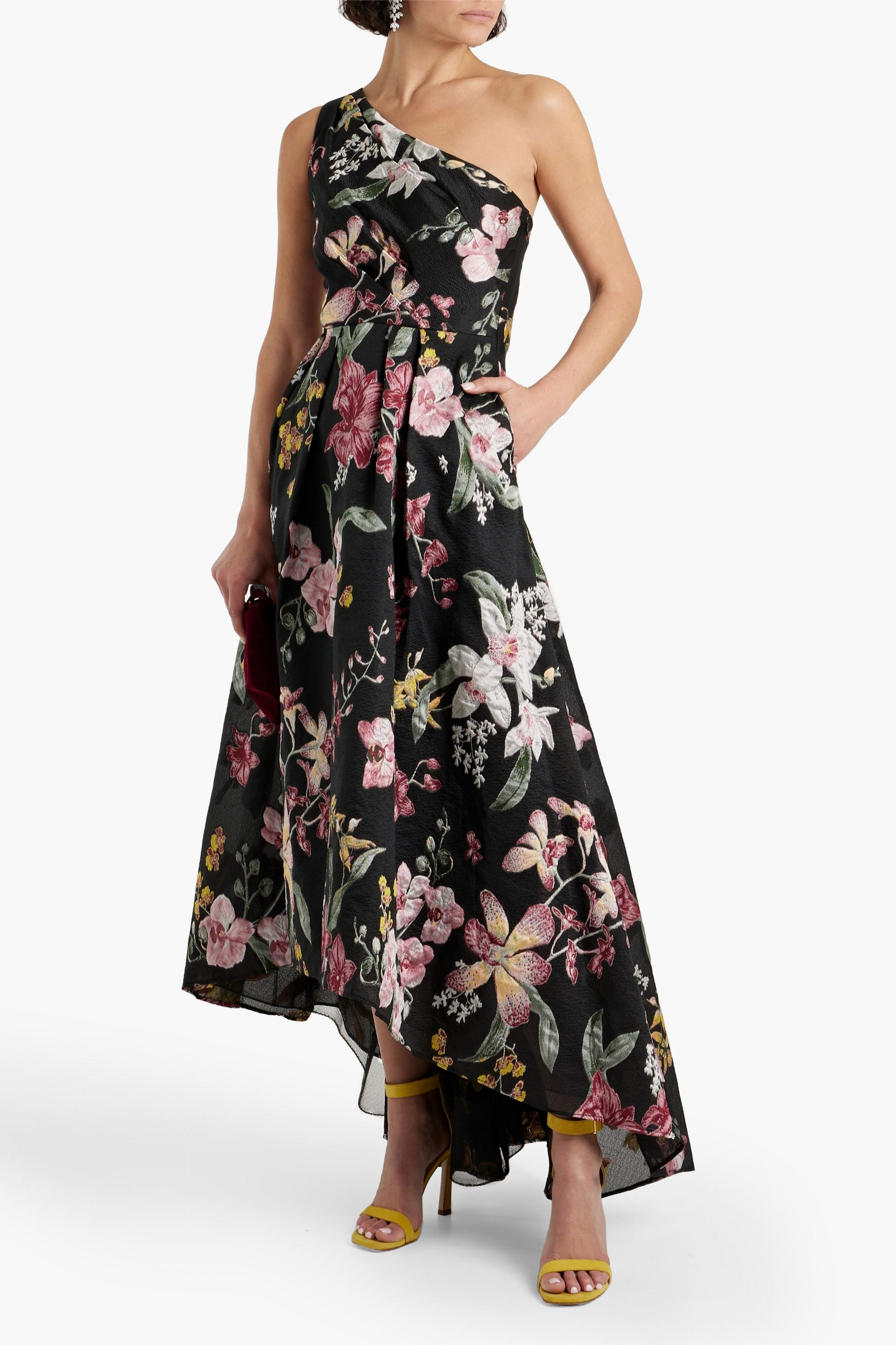MARCHESA NOTTE One-shoulder pleated brocade gown