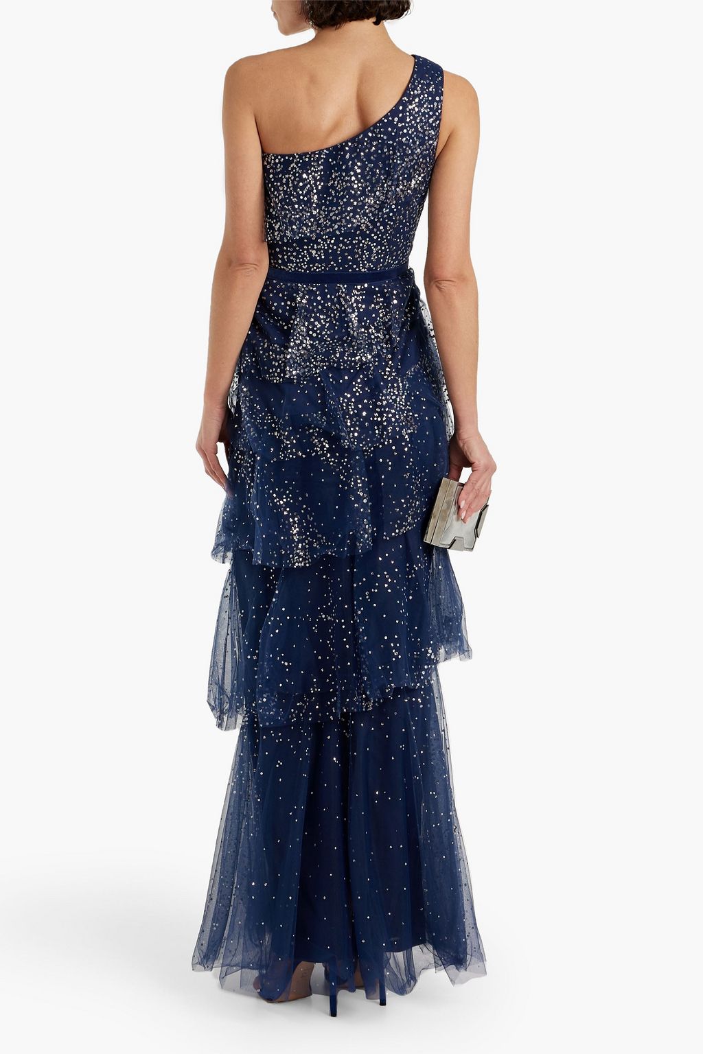 MARCHESA NOTTE One-shoulder tiered glittered tulle gown