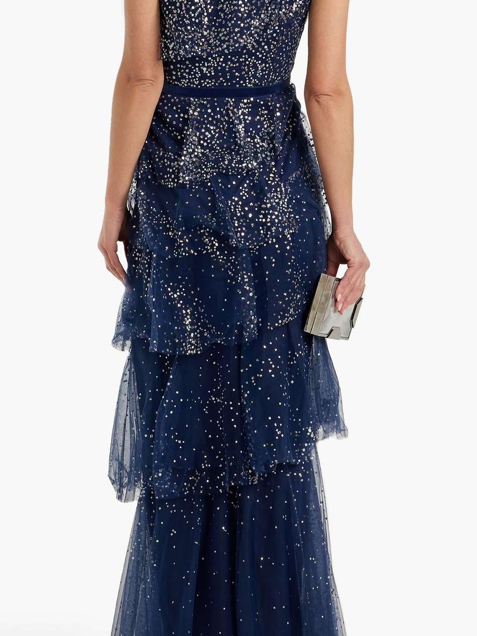 one-shoulder tiered glittered tulle gown