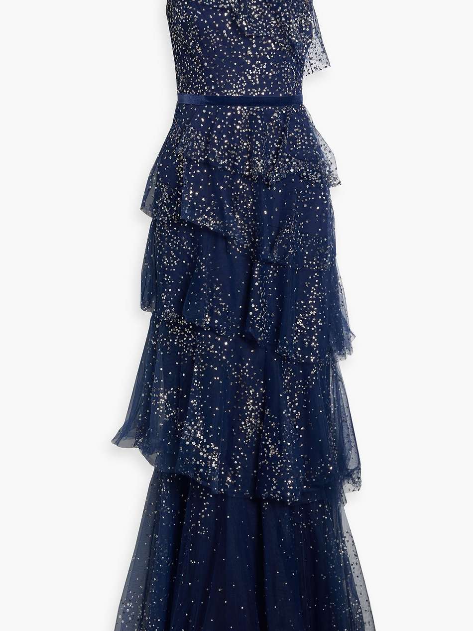 one-shoulder tiered glittered tulle gown