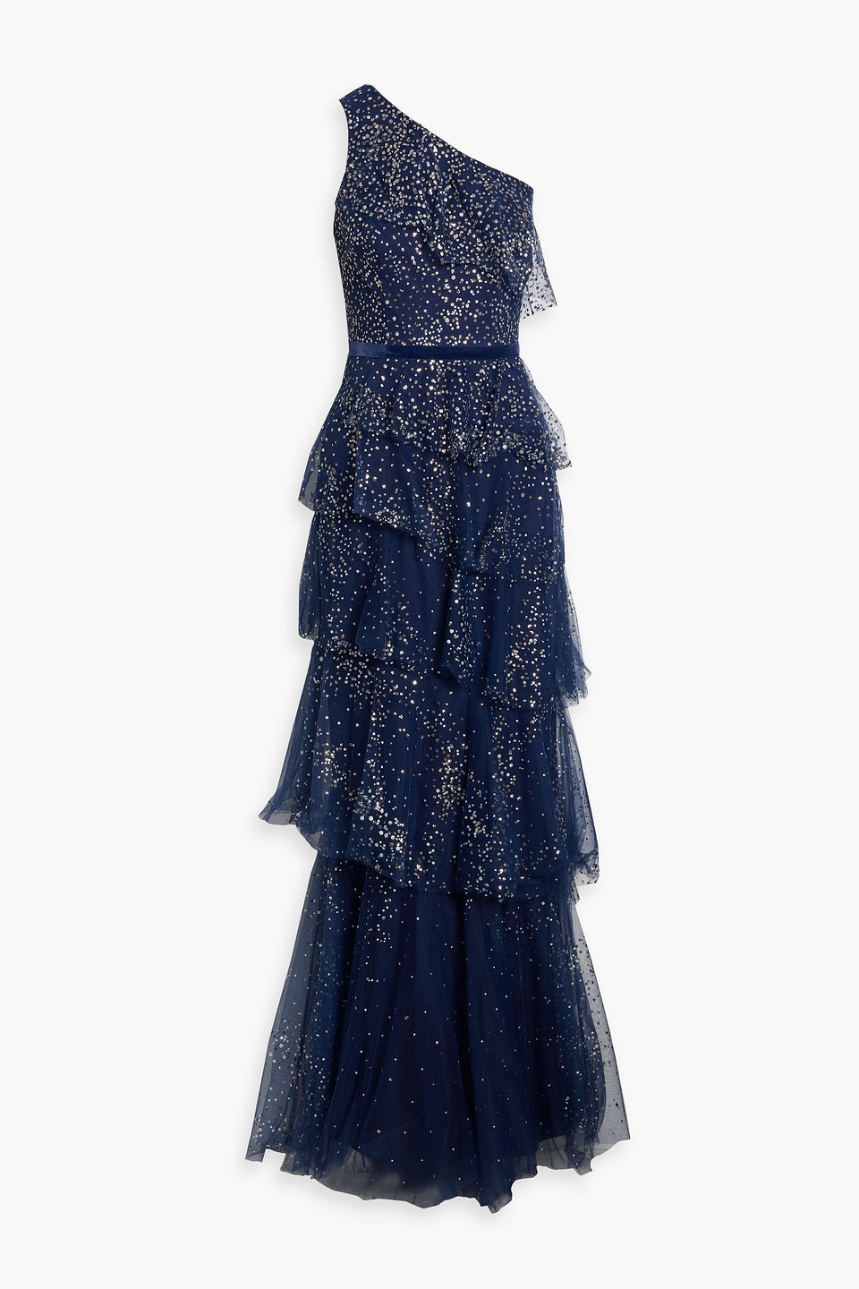 Shop Marchesa Notte One-shoulder Tiered Glittered Tulle Gown In Navy