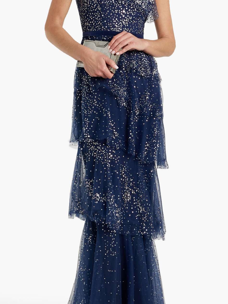 one-shoulder tiered glittered tulle gown