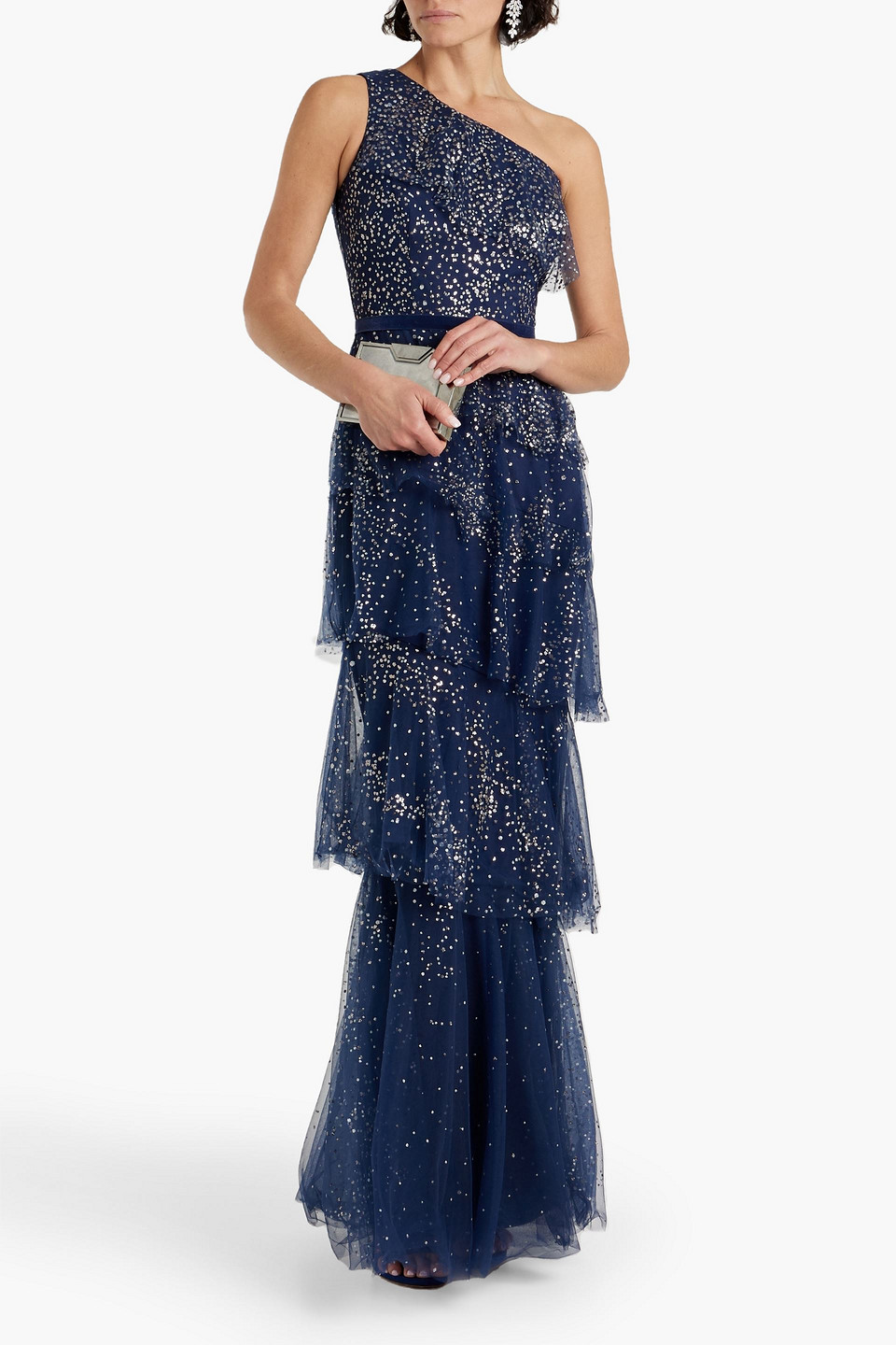 Shop Marchesa Notte One-shoulder Tiered Glittered Tulle Gown In Navy