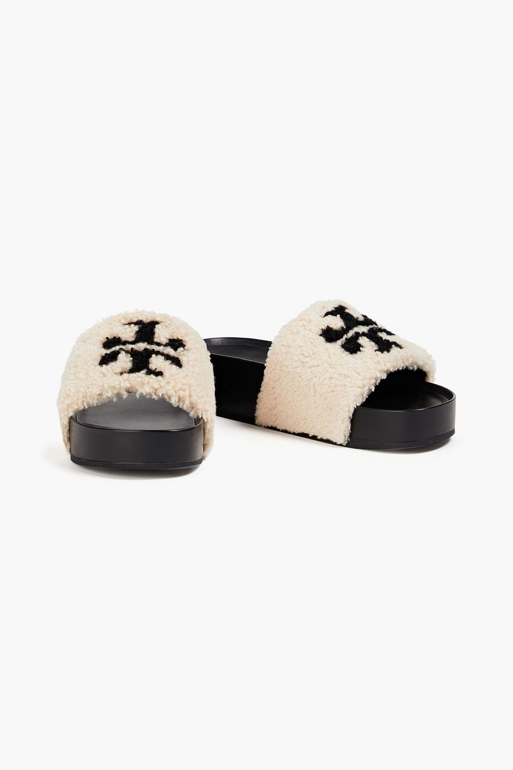 TORY BURCH Double T two-tone shearling platform slides | THE OUTNET