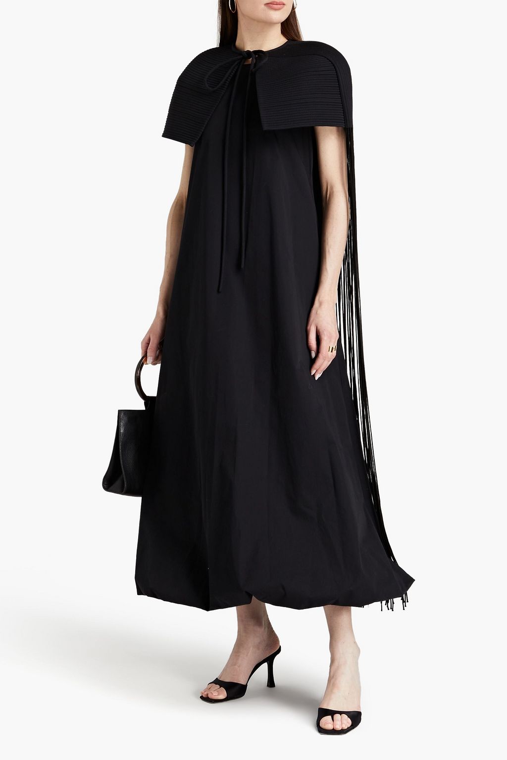 TORY BURCH Maxikleid aus Baumwollpopeline mit Cape-Effekt und Fransen