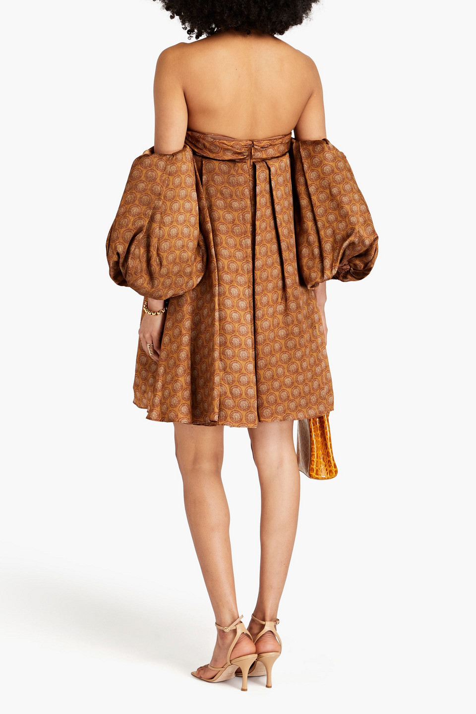 Shop Khaite Katerina Off-the-shoulder Printed Satin-twill Mini Dress In Light Brown