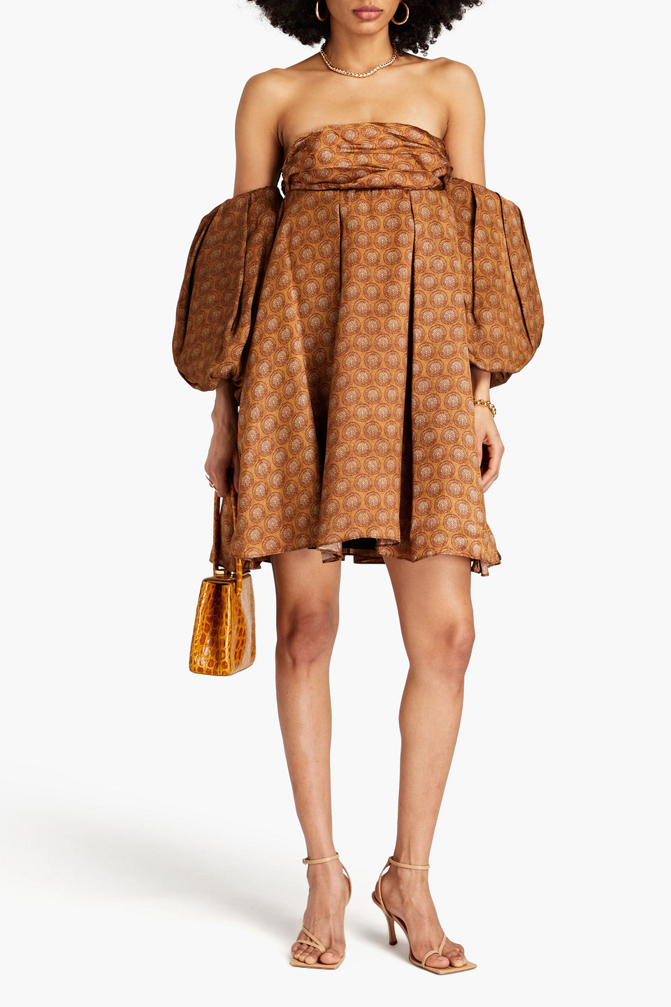 Shop Khaite Katerina Off-the-shoulder Printed Satin-twill Mini Dress In Light Brown