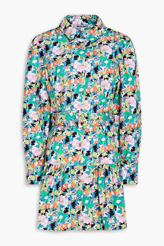 Tara gathered floral-print cotton mini shirt dress