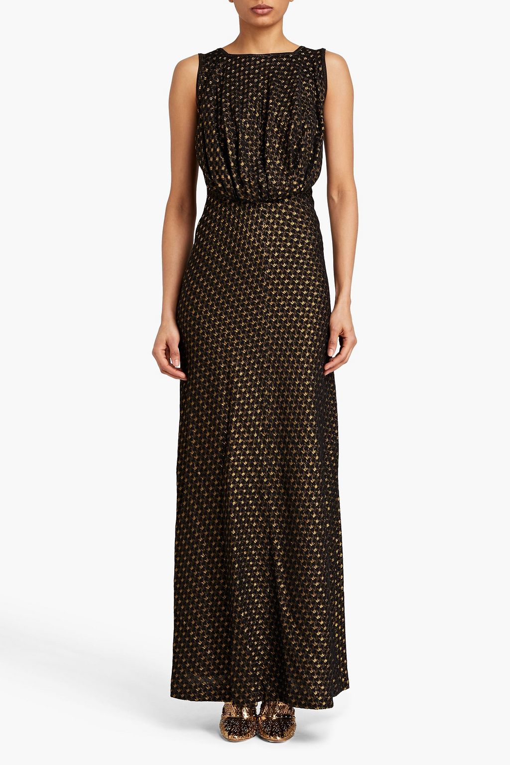 ALAÏA Gathered metallic jacquard-knit maxi dress