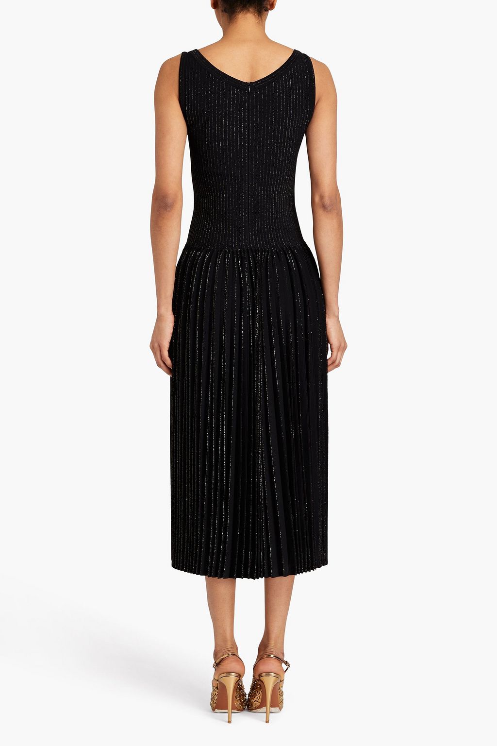 ALAÏA Pleated metallic stretch-knit midi dress