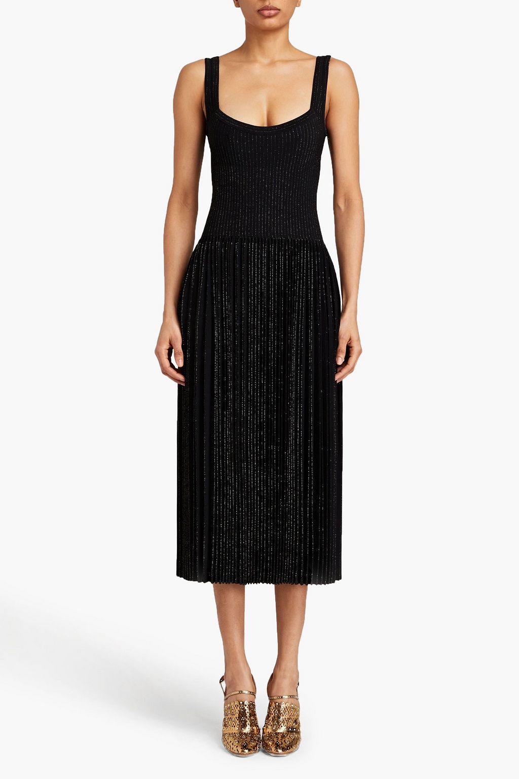 ALAÏA Pleated metallic stretch-knit midi dress