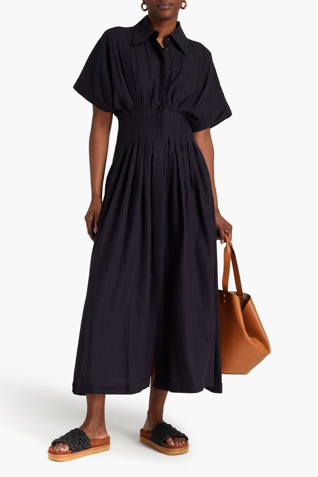 PALMER//HARDING Pleated striped jacquard midi shirt dress