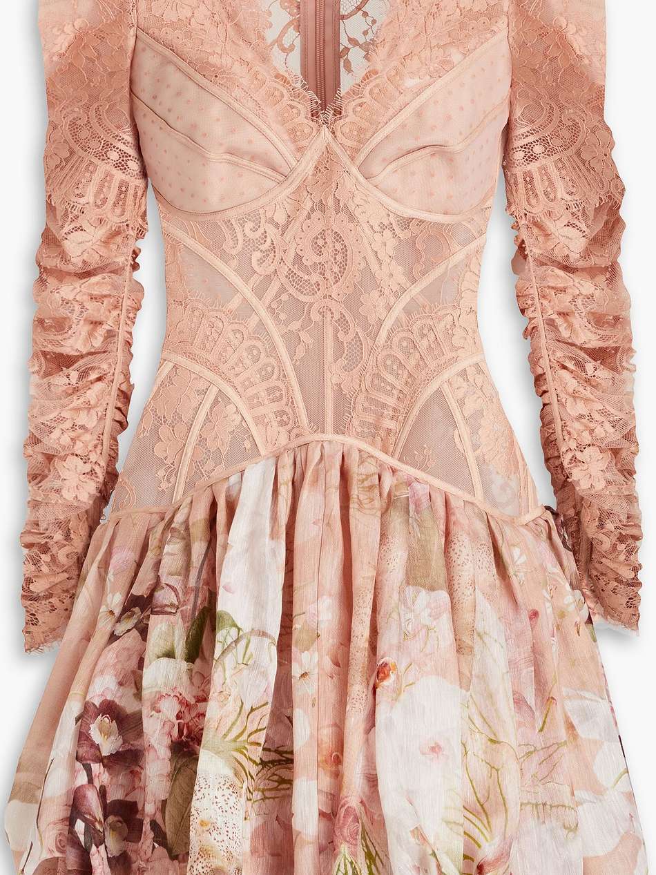 flocked silk and linen-blend tulle, lace and gauze mini dress