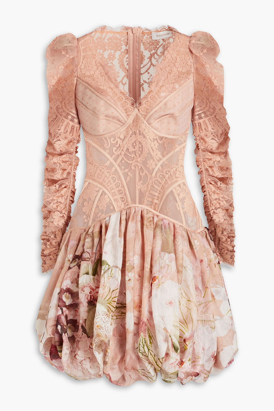 Zimmermann Dancer Lace-paneled Floral-print Silk And Linen-blend Mini Dress In Antique Rose