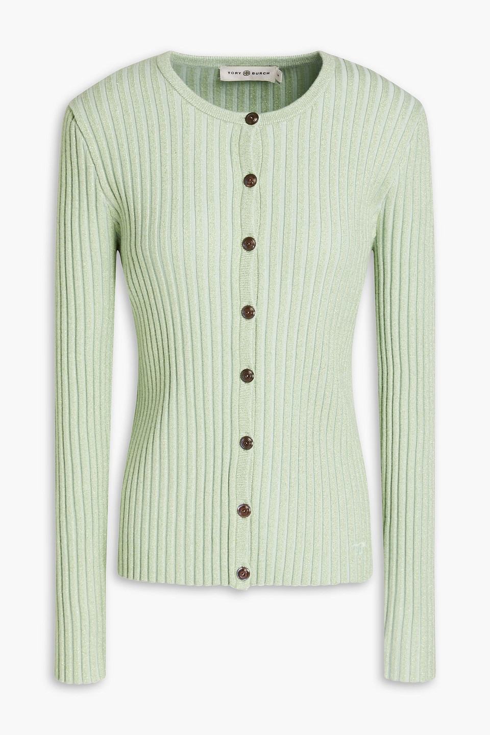 Shop Tory Burch Metallic Ribbed Merino Wool-blend Cardigan In Minzfarben