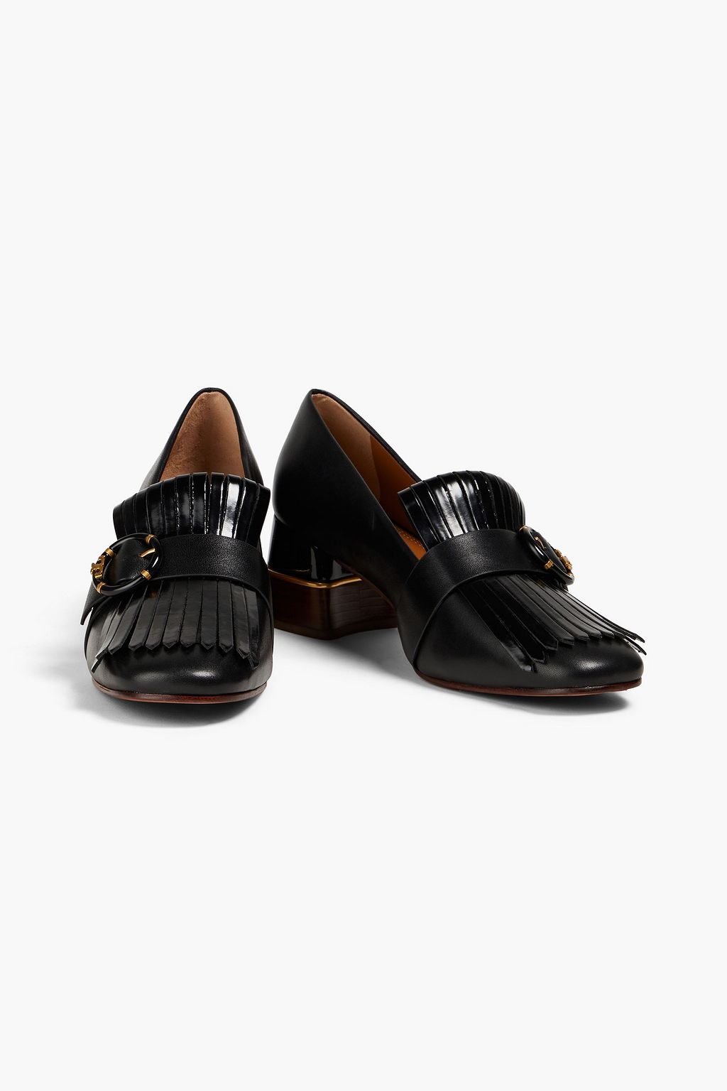 TORY BURCH Kiltie Pumps aus Glatt- und Lackleder mit Fransen