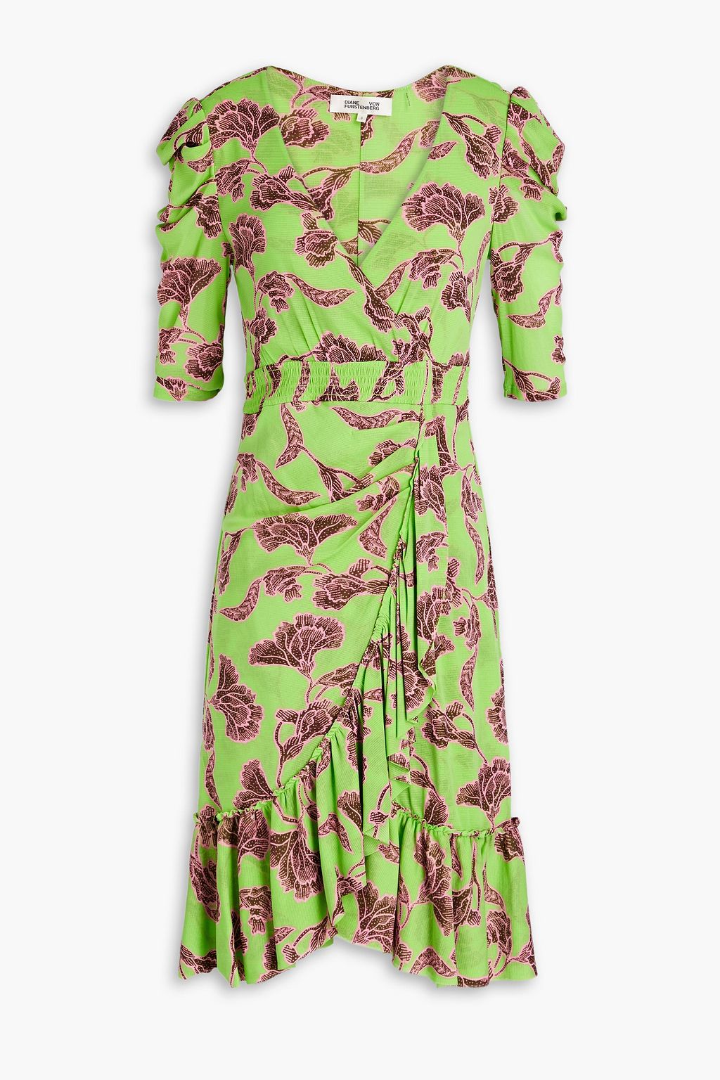Ruffled printed georgette mini wrap dress leaf green XS