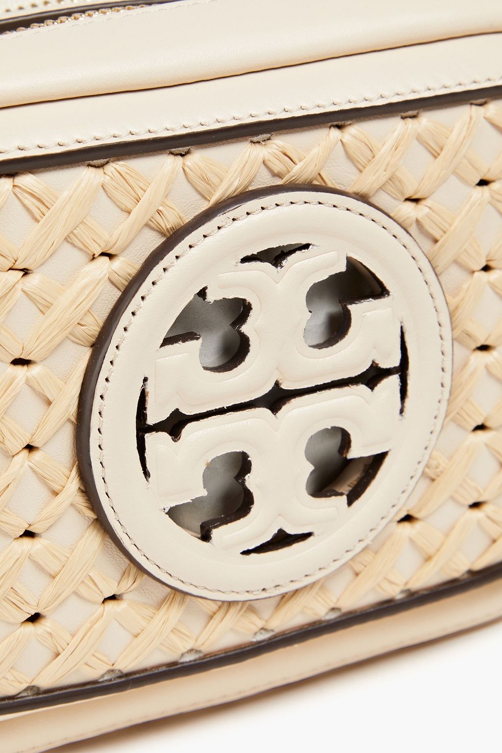 TORY BURCH Perry pebbled leather and straw shoulder bag THE