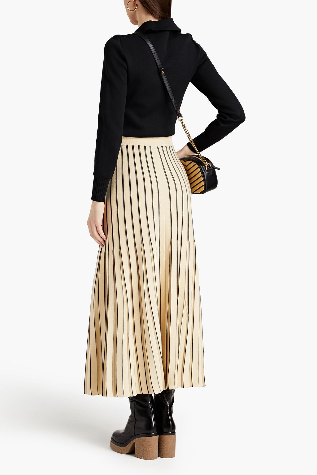 TORY BURCH Pleated striped knitted midi skirt