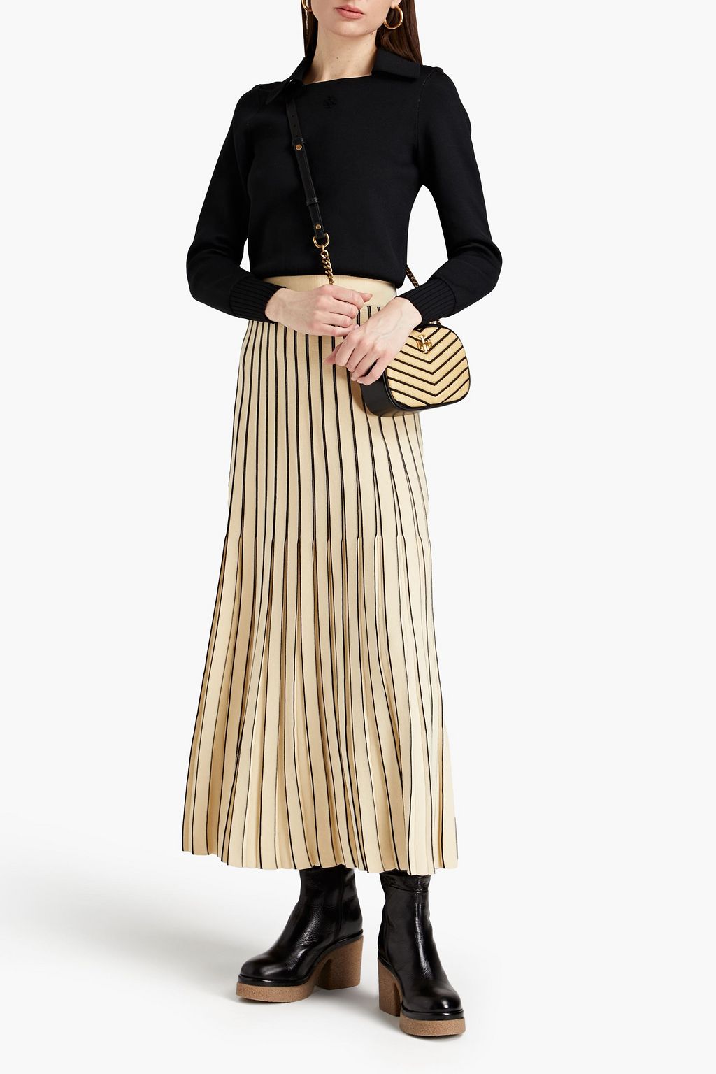 TORY BURCH Pleated striped knitted midi skirt