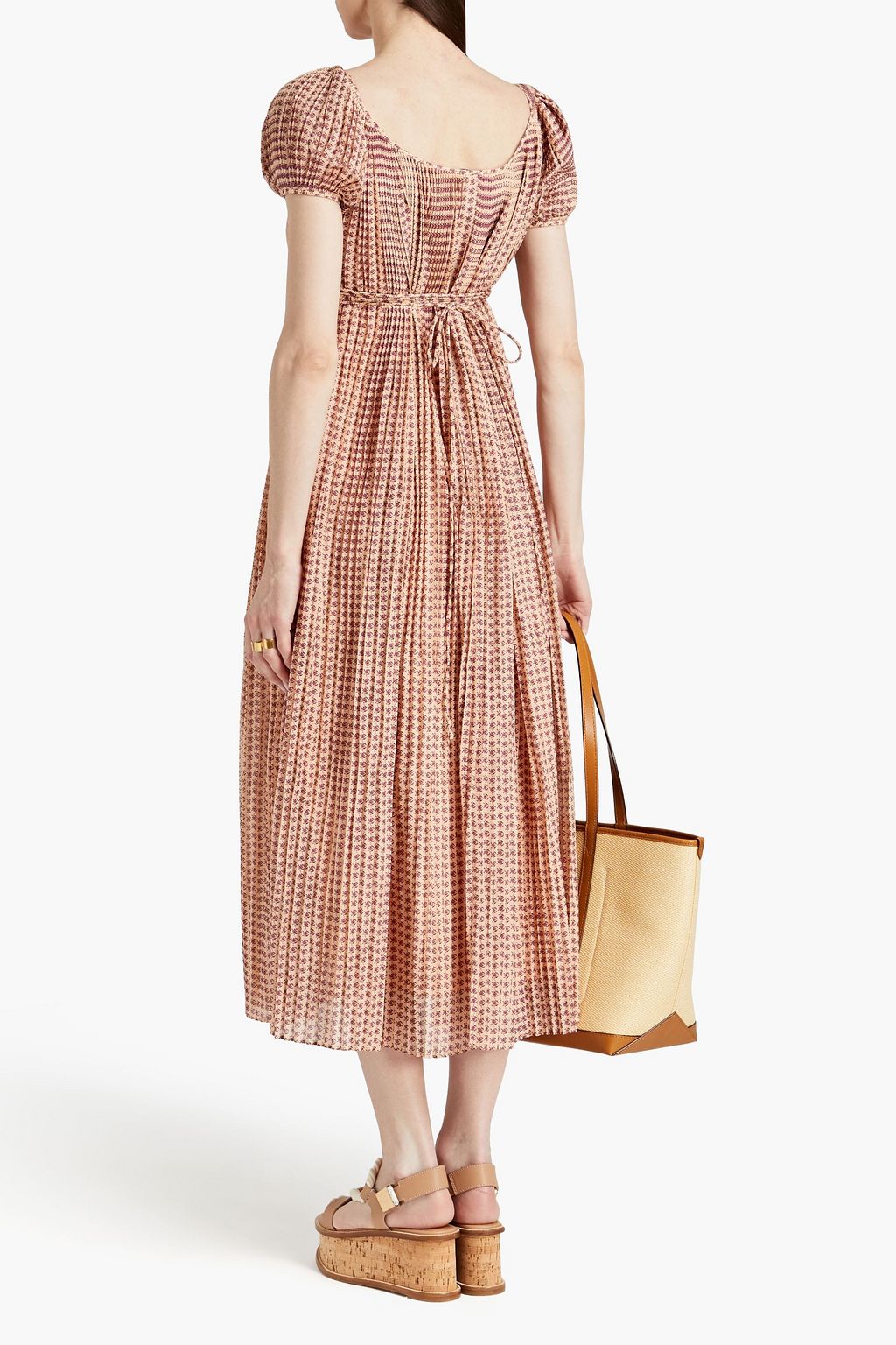TORY BURCH 스트라이프 코튼 실크 혼방 보일 플리츠 미디 드레스