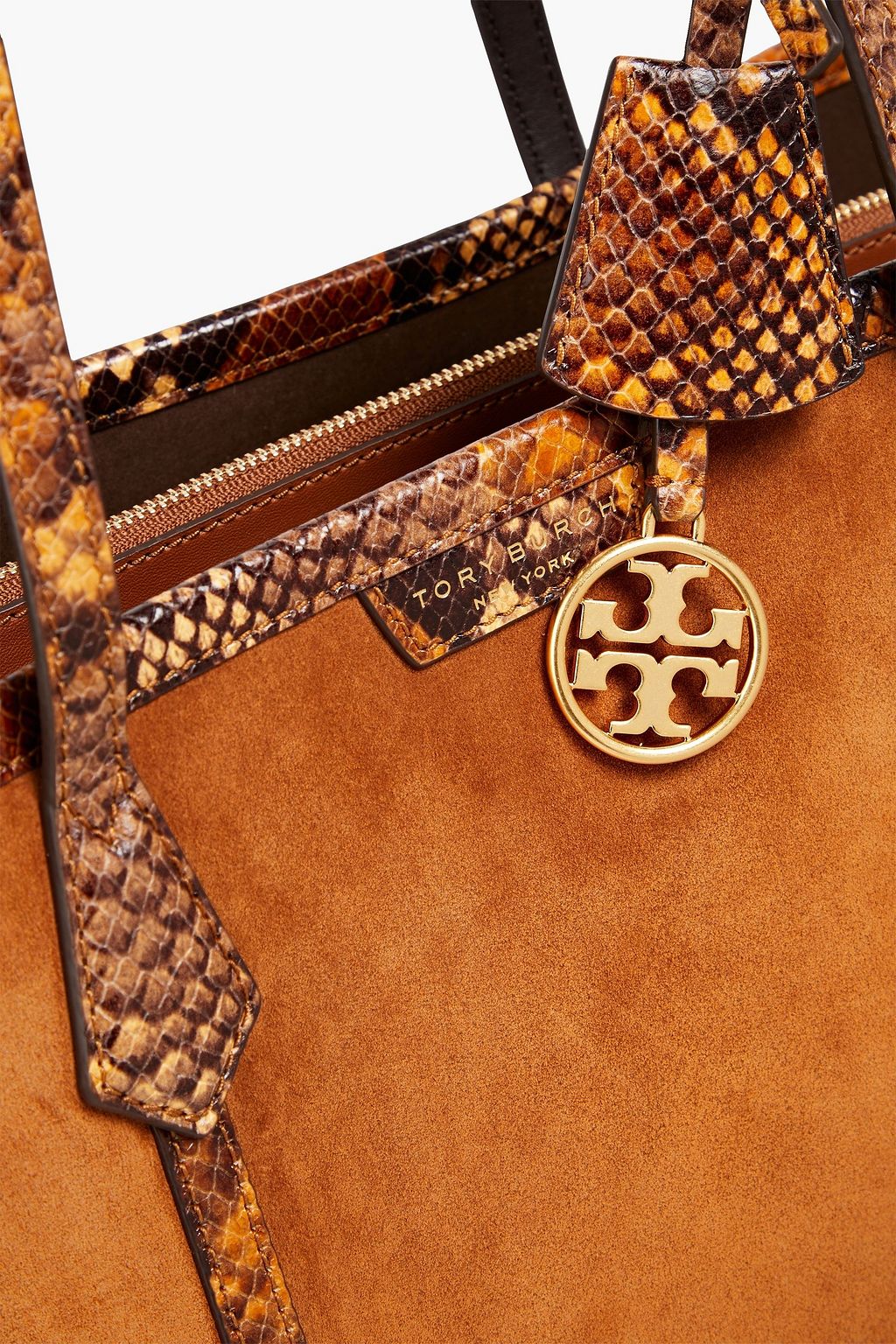 TORY BURCH Perry Tote Bag aus Veloursleder mit Schlangeneffekt und Lederbesatz