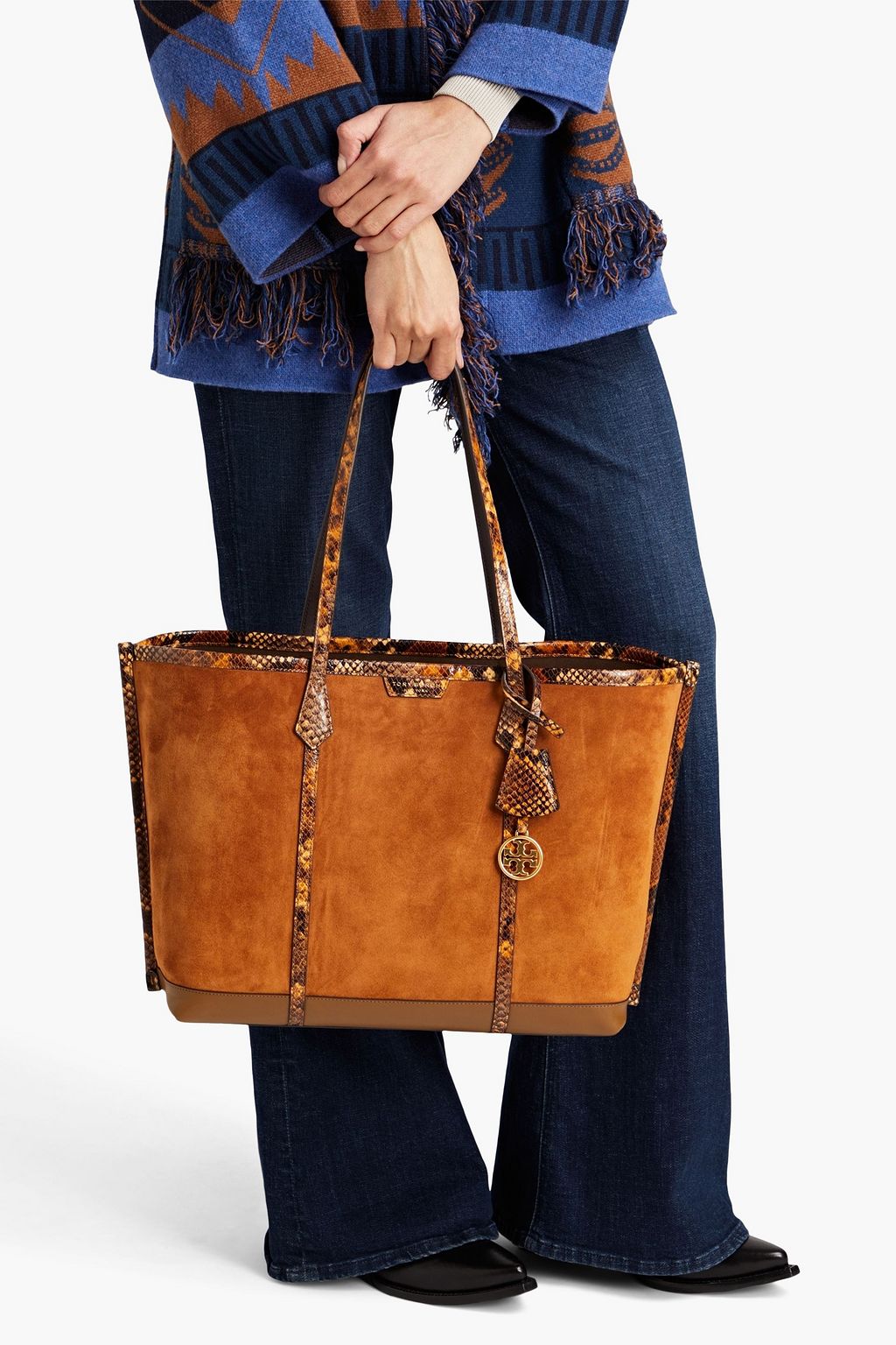 TORY BURCH Perry Tote Bag aus Veloursleder mit Schlangeneffekt und Lederbesatz