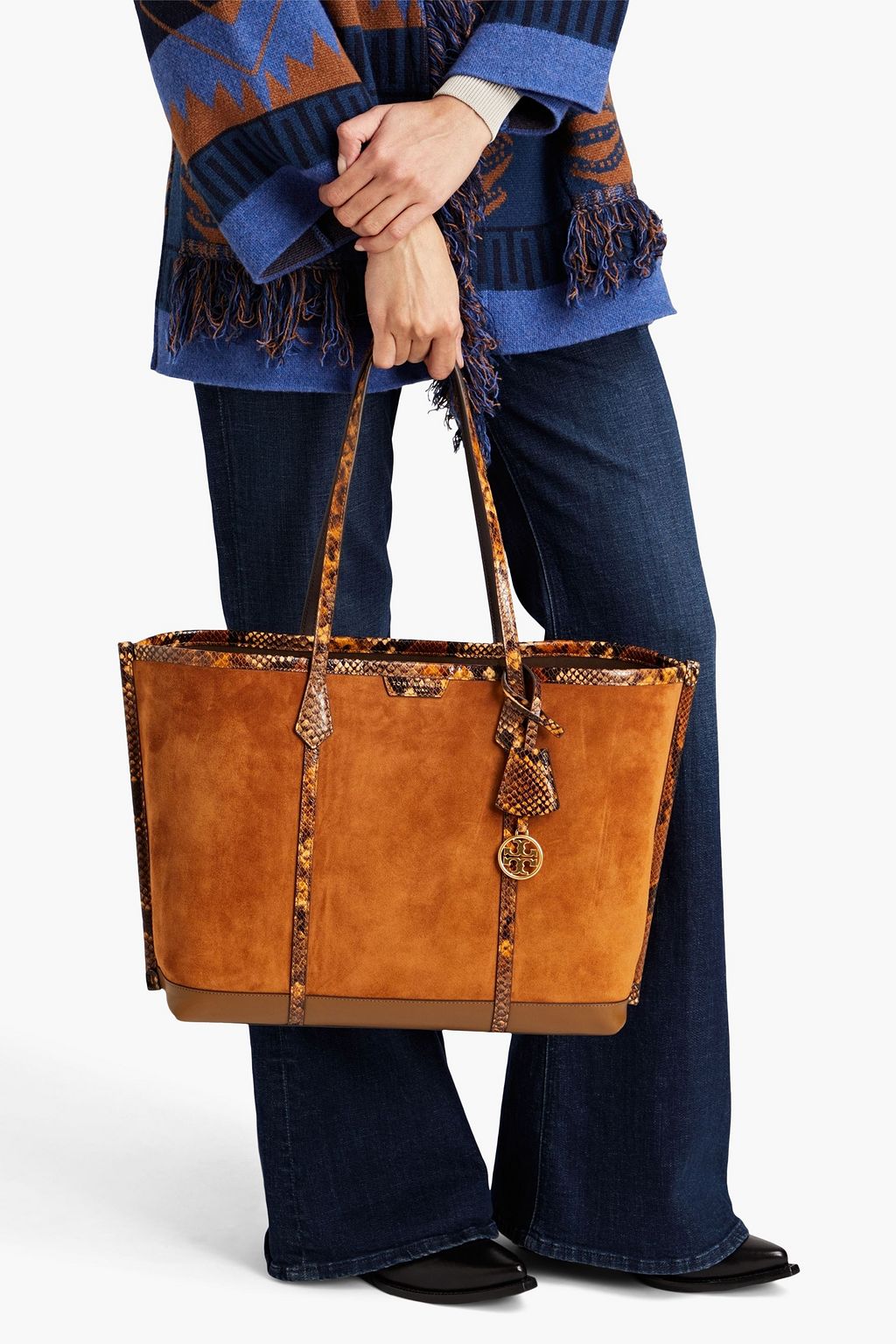 TORY BURCH Perry snake-effect leather-trimmed suede tote | Sale up to 70%  off | THE OUTNET