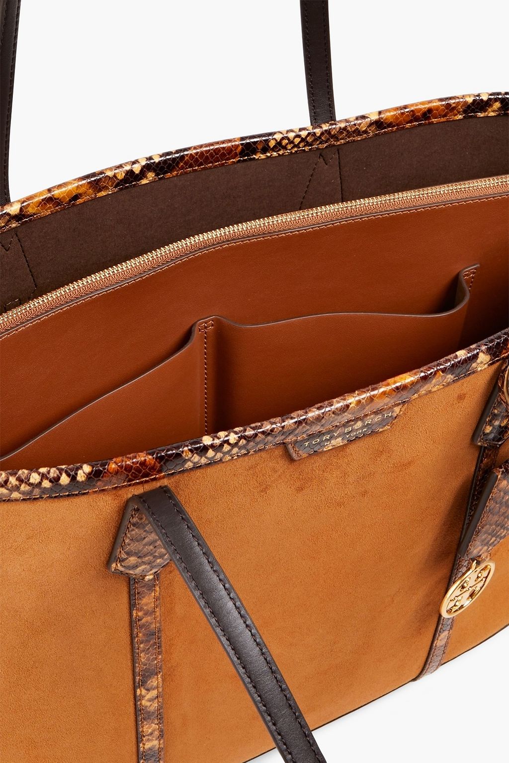 TORY BURCH Perry Tote Bag aus Veloursleder mit Schlangeneffekt und Lederbesatz