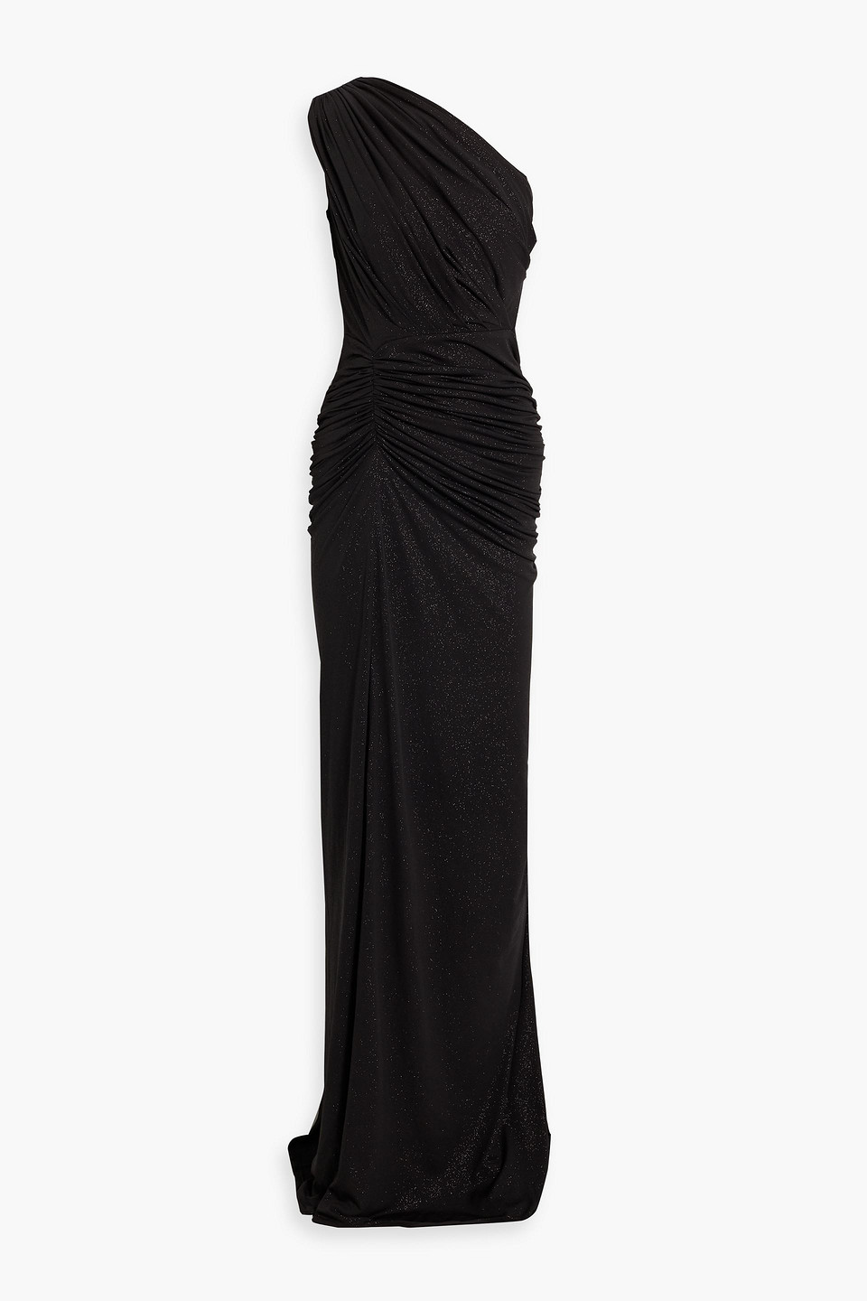 Rhea Costa One-shoulder Ruched Glittered Jersey Gown In Black