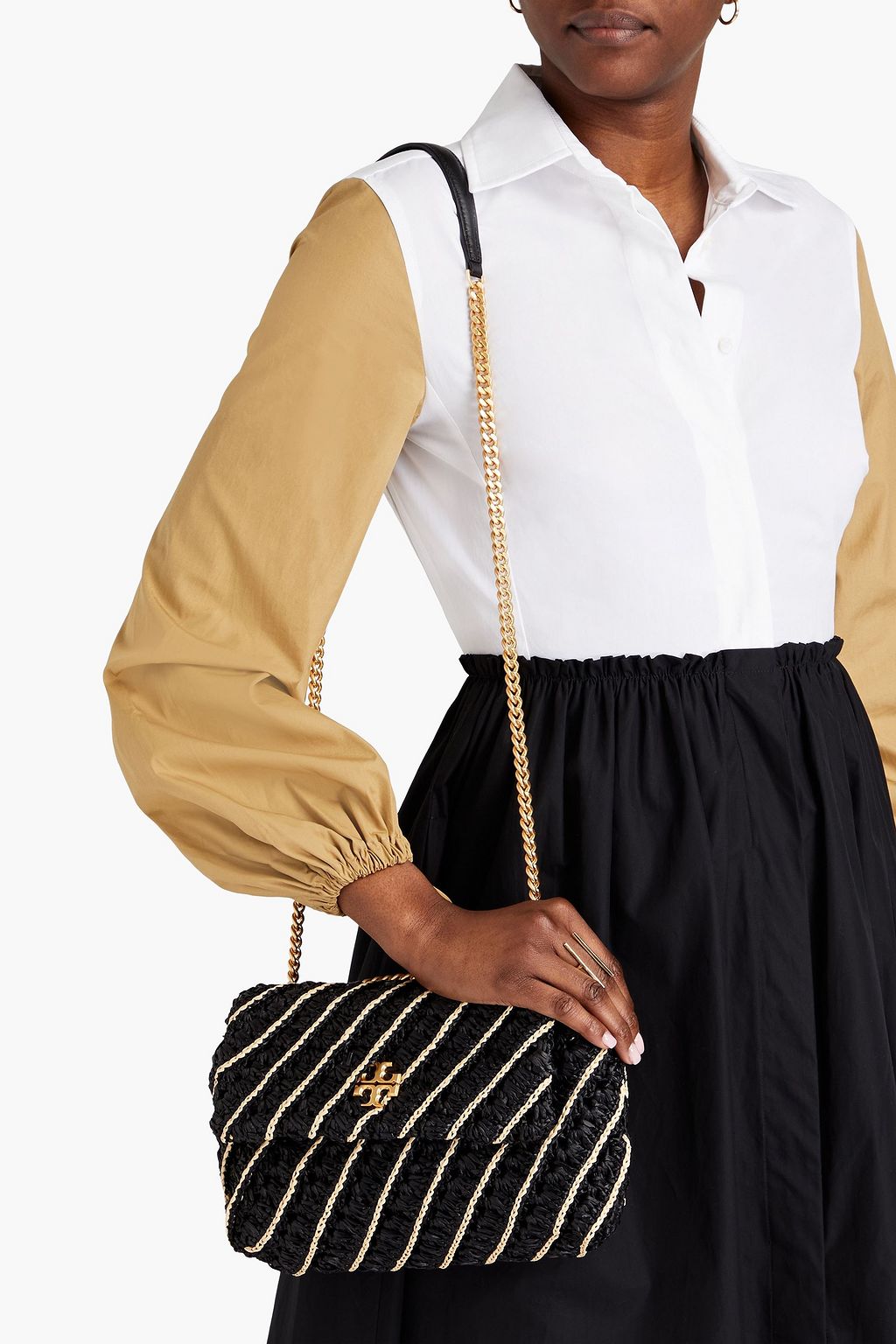 TORY BURCH Kira Schultertasche aus Raffiabastimitat mit Streifen