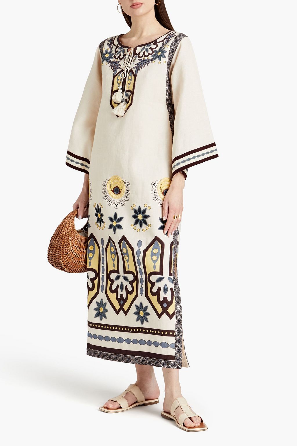 TORY BURCH قفطان من الكتان المطرز والمزين بزخارف