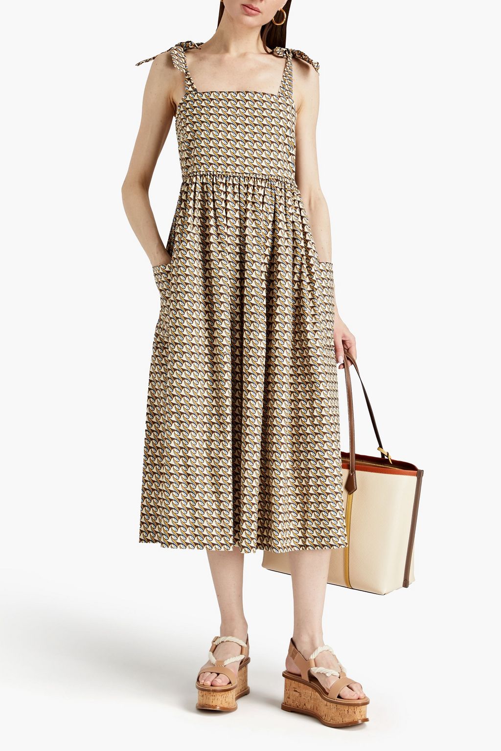 TORY BURCH Gathered printed cotton-poplin midi dress