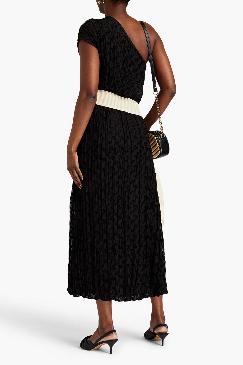 TORY BURCH One-shoulder fringed devoré-velvet midi dress
