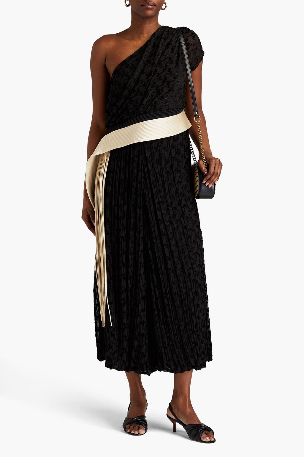 TORY BURCH One-shoulder fringed devoré-velvet midi dress