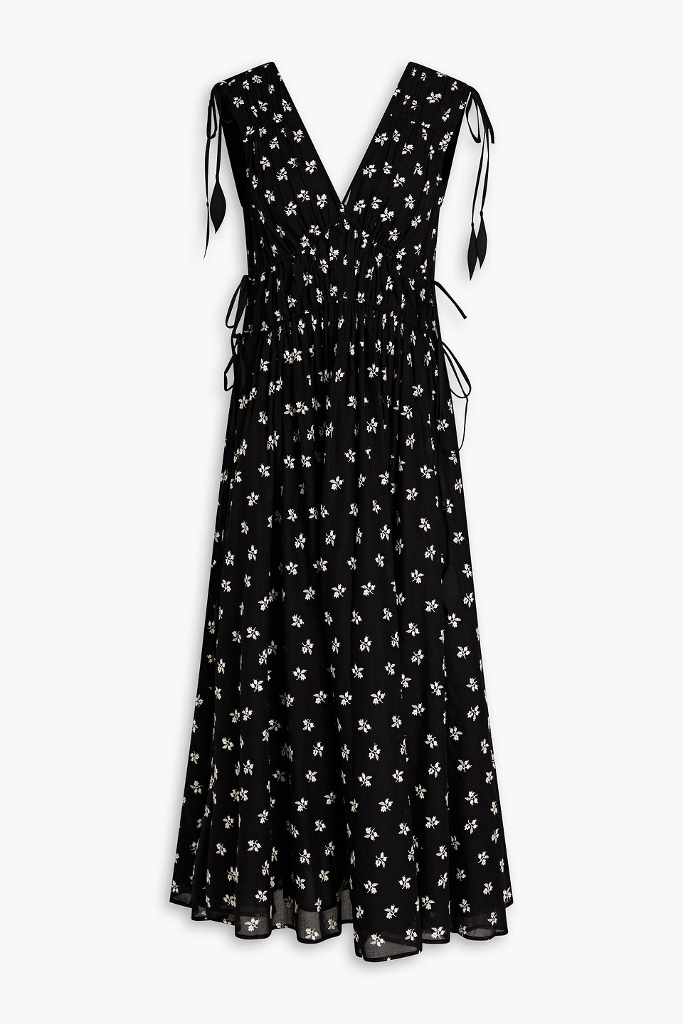 Tory Burch - Gathered embroidered cotton-voile midi dress - Black - US 4